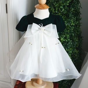 Baby Girl's Dress Green Velvet Ivory Chiffon Size 6-9 Months Special Occasion